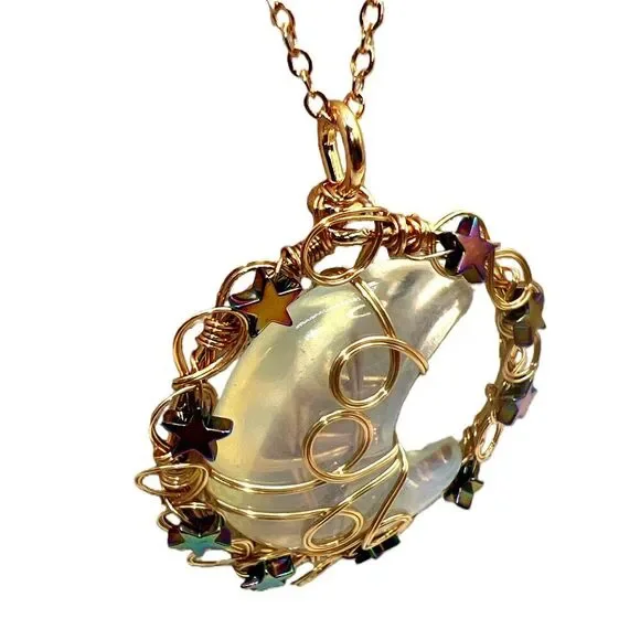 New Opal Copper Wire Wrapped Moon Pendant Gold Tone Necklace - Picture 6 of 13